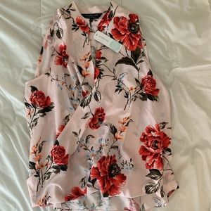 Pink floral deep V blouse